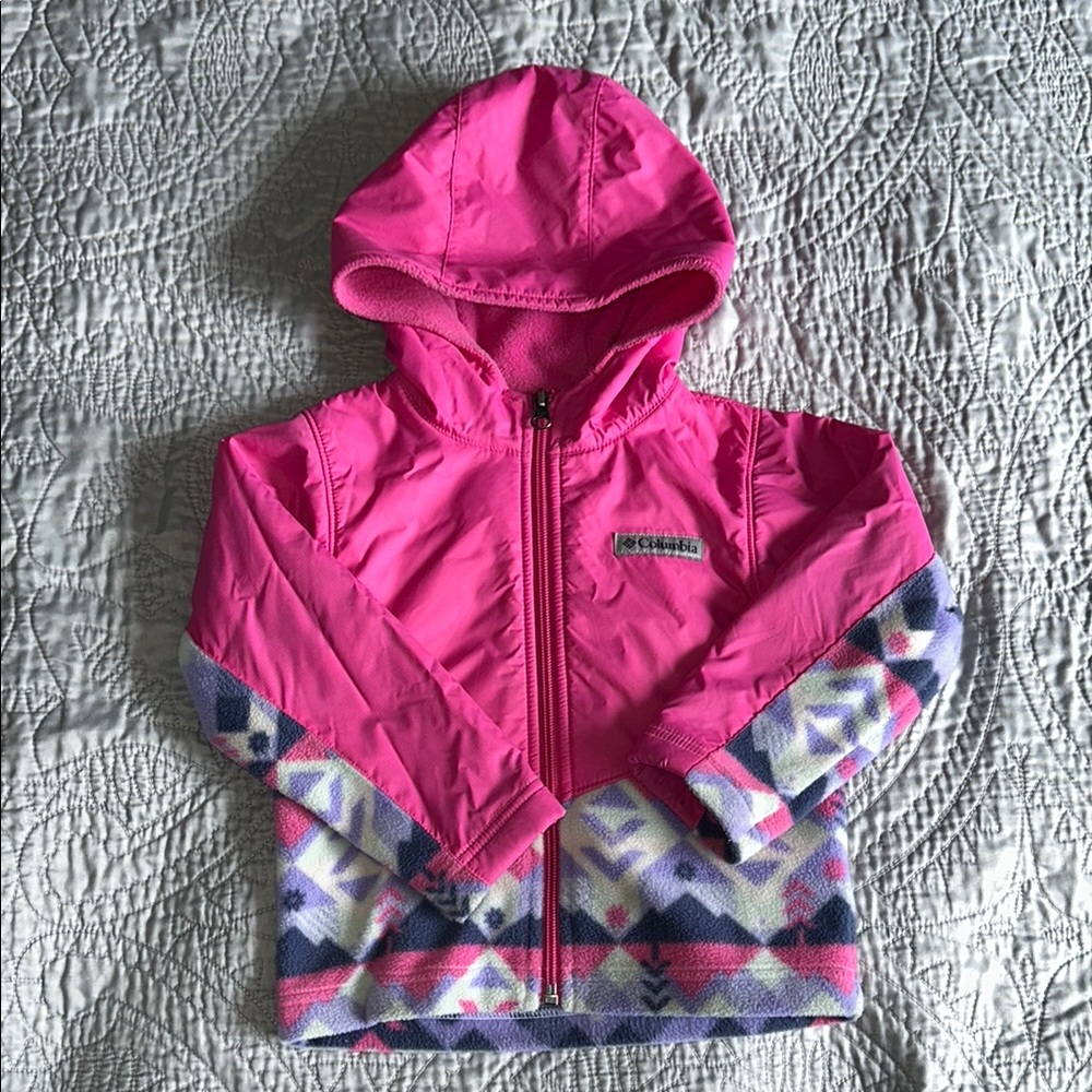 Columbia. Toddler Pink Hooded Jacket with Patterned Trim. 3T